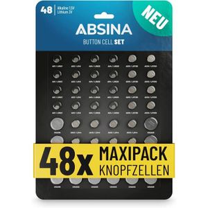 PILES ABSINA Pack de 48 Piles Bouton alcalines et Lithium - 4X AG1 - 4X AG3 - 8X AG4 - 8X AG10 - 8X AG13 - 4X CR2016 - 4X CR2025 - 8X 43