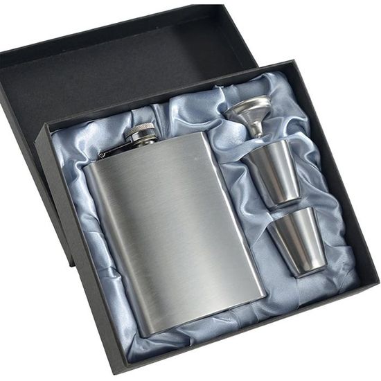 Flasque à Alcool 7oz Brun Cuir + 2 Tasses & Entonnoir | Set Cadeau Saint-Valentin, Fête Des Pères, Anniversaire