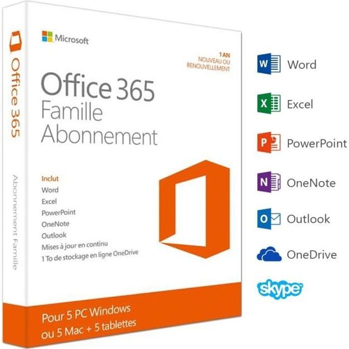 Office 365 Famille – Inclus les nouveaux logiciels Office 2016 pour 5 PC/Mac + 5 tablettes + 5 smartphones pendant 1 an