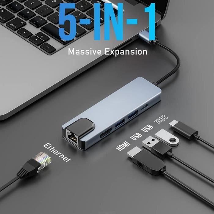 Hub USB C 5 en 1 Adaptateur TypeC Hub pour MacBook Notebook Laptop (1*HDMI, 1*USB-C PD, 1*Ethernet RJ45, 2* USB 3.0 Ports)