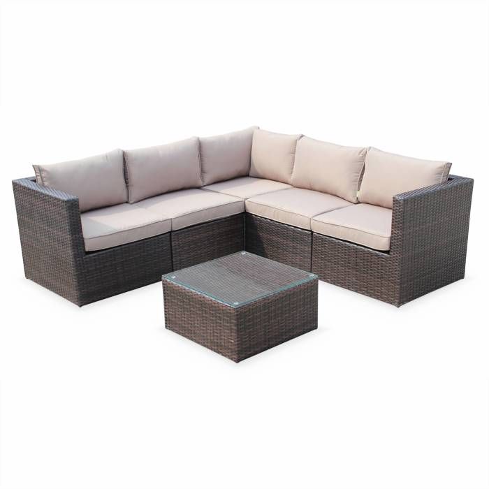 Salon de jardin Siena Marron, en résine tressée Chocolat, structure aluminium, coussins marron, canapé d'angle 5 places