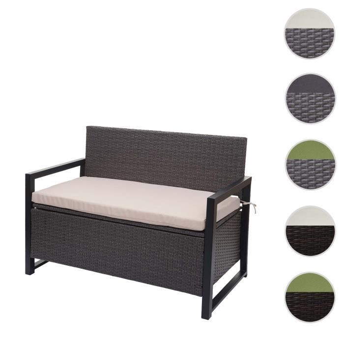 Banc 2 places en poly rotin HWC-F39, banc coffre, compartiment de rangement ~ gris, coussins beige