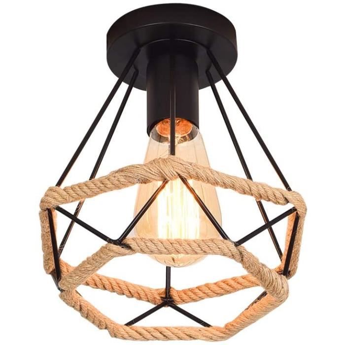 SUSPENSION Plafond rétro vintage Plafonnier Industrielle Cage en forme Diamant en Métal avec corde de chanvre Fer42