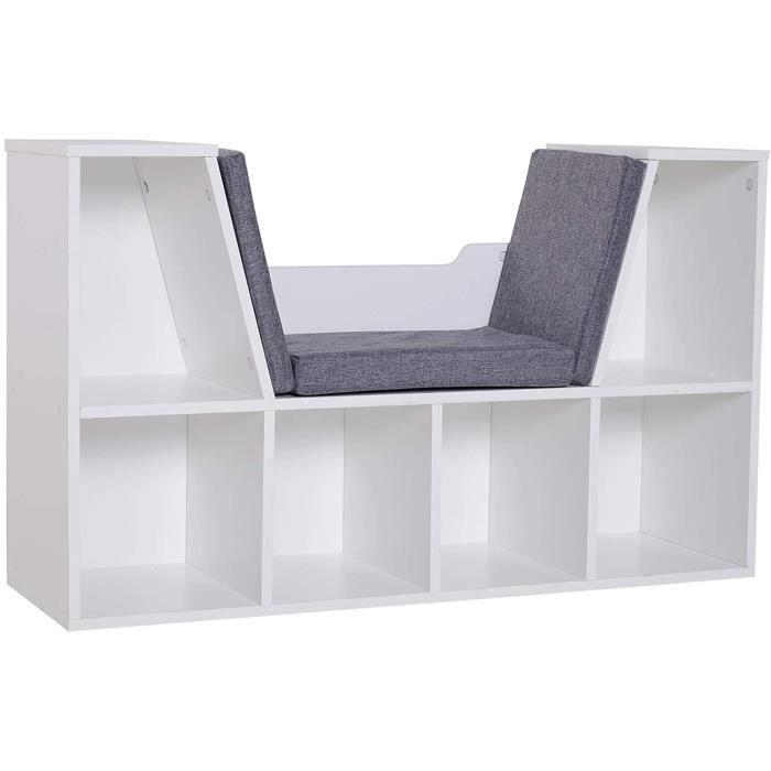 Bibliothèque Banc 2 en 1 Design Contemporain 6 casiers 3 Coussins fournis 102L x 30l x 61H cm Blanc Gris chiné