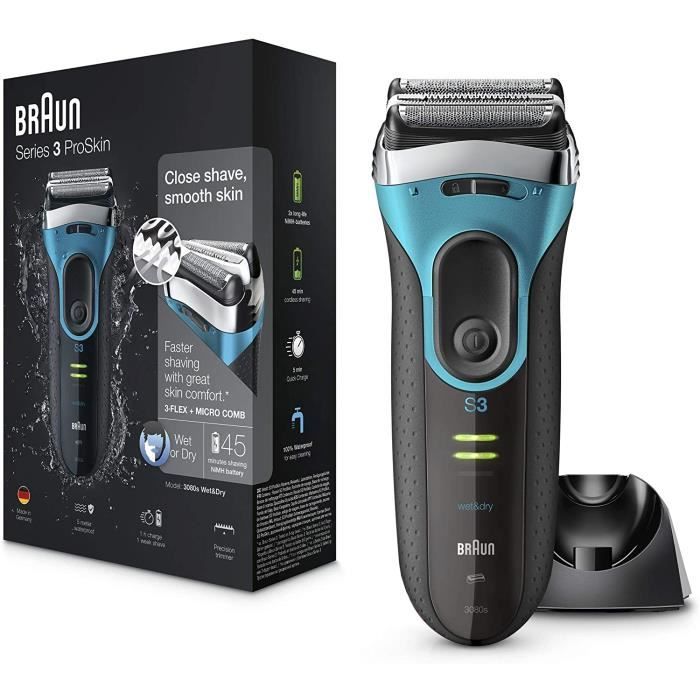 Braun Series 3 ProSkin 3080s Rasoir Électrique Homme Barbe, Noir/Bleu - Rasoir Électrique Rechargeable + Base De Recharge