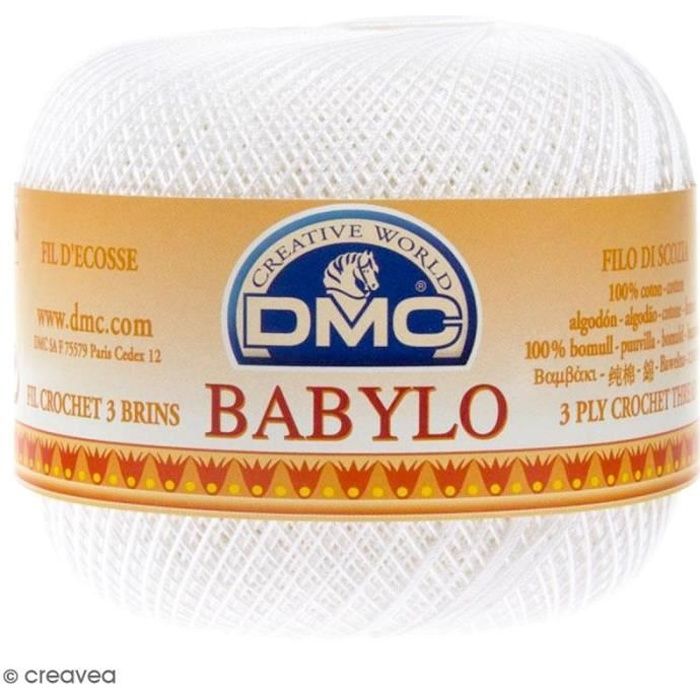 Fil DMC Babylo 20 - Différents coloris - 100 g Pelote DMC Babylo : Coloris : Blanc Matière : 100% coton Fil 3 brins Grosseur : 20