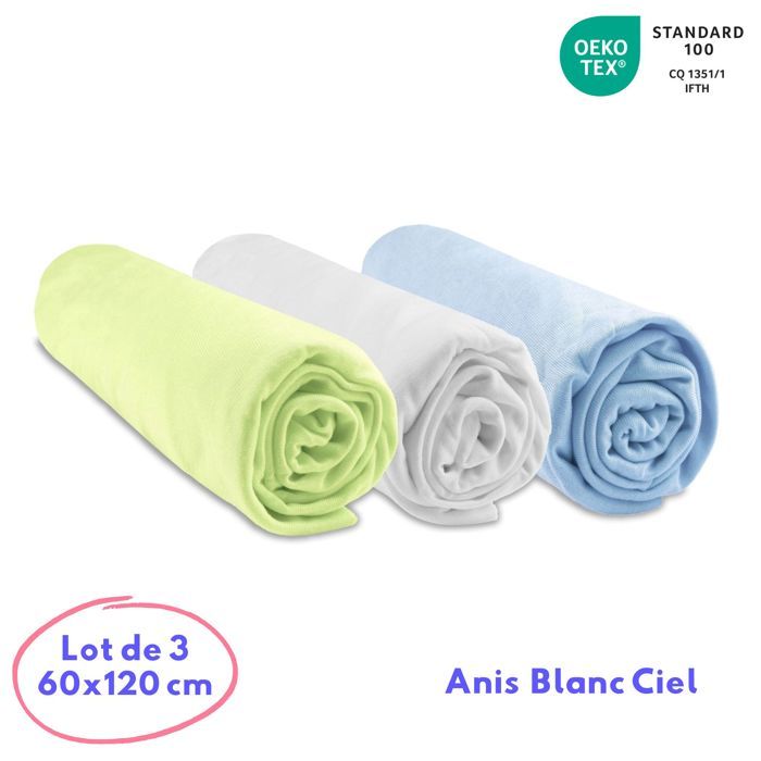 Lot de 3 draps housses Bambou pour Couffin 32x72 - anis blanc ciel