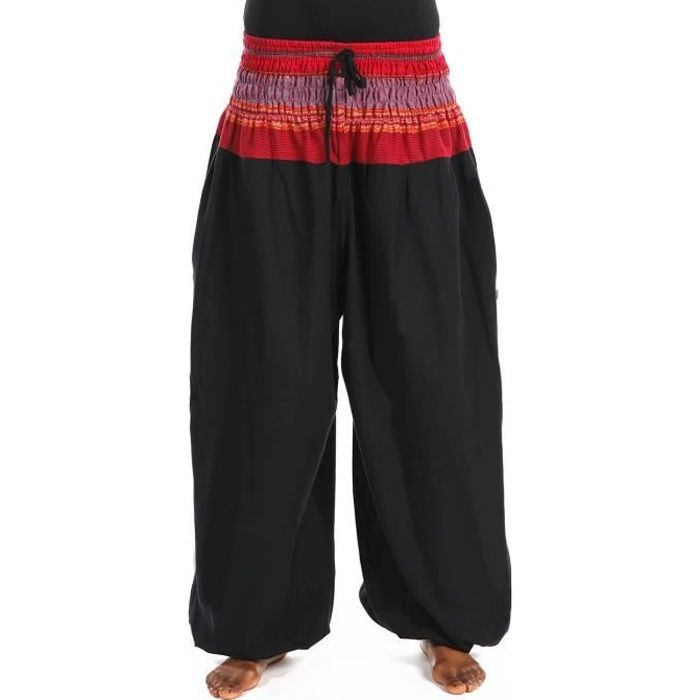 Fantazia - Sarouel grande taille femme - Pantalon sarouel elastique bouffant noir sari rouge Maka - TU - Noir