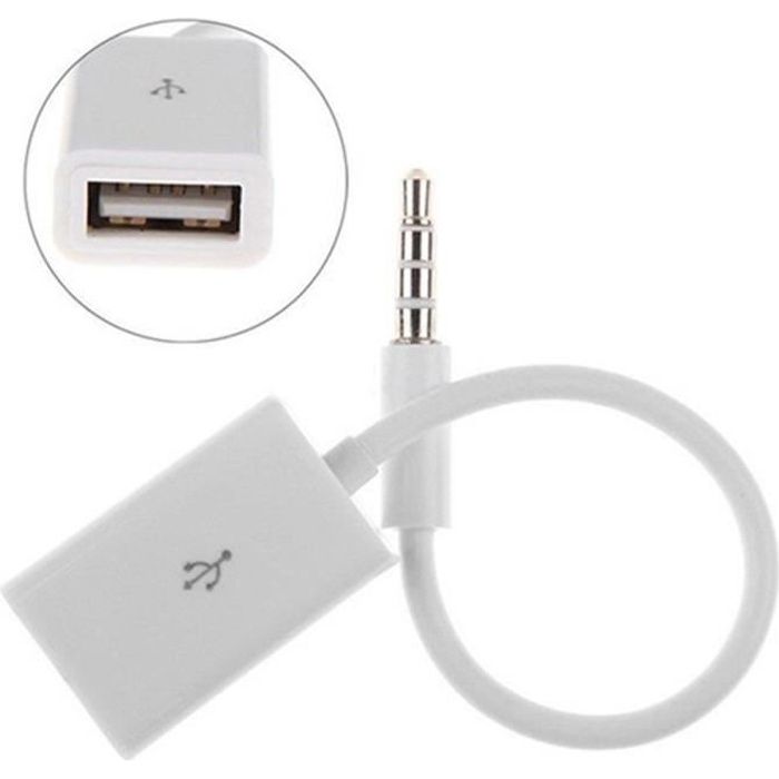 Câble Jack 3.5mm Stéréo Audio Prise Mâle Vers USB 2.0 Femelle Adaptateur voiture (Noir)