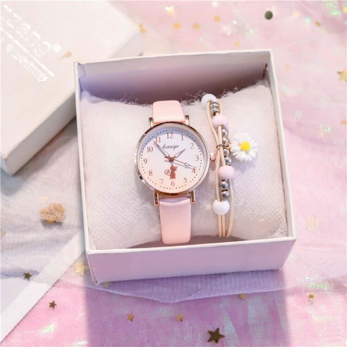 Coffret Montre Fille - Quartz Analogique - Mignon Chat Dessin