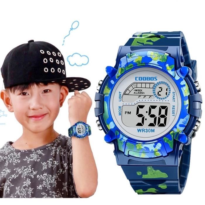 SHARPHY Montre Enfant Garcon Sport Militaire Numerique de Marque etanche LED watch 2021 bracelet bleu , Cadeau pour enfants