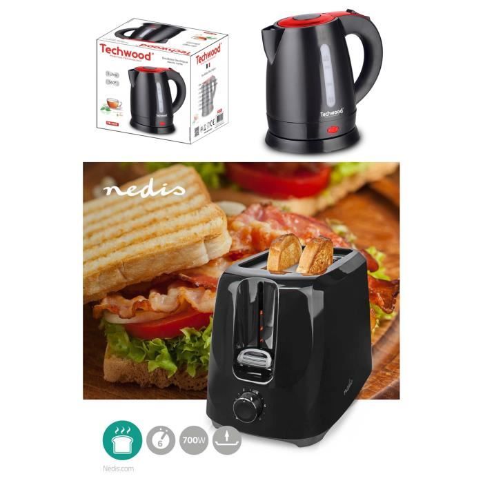PACK DEJEUNER Bouilloire électrique Noire 1L 1600W + Grille-pain Noir 2 Fentes 700W