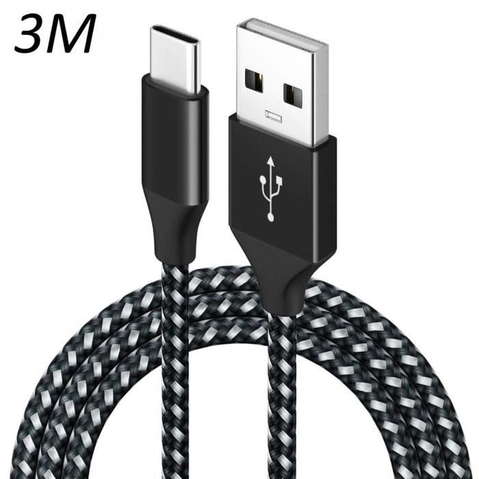 Câble Nylon Tressé Noir Type USB-C 3M pour Samsung galaxy A90 - A13 - Note 8 - Note 9 - Note 10 [Toproduits®]