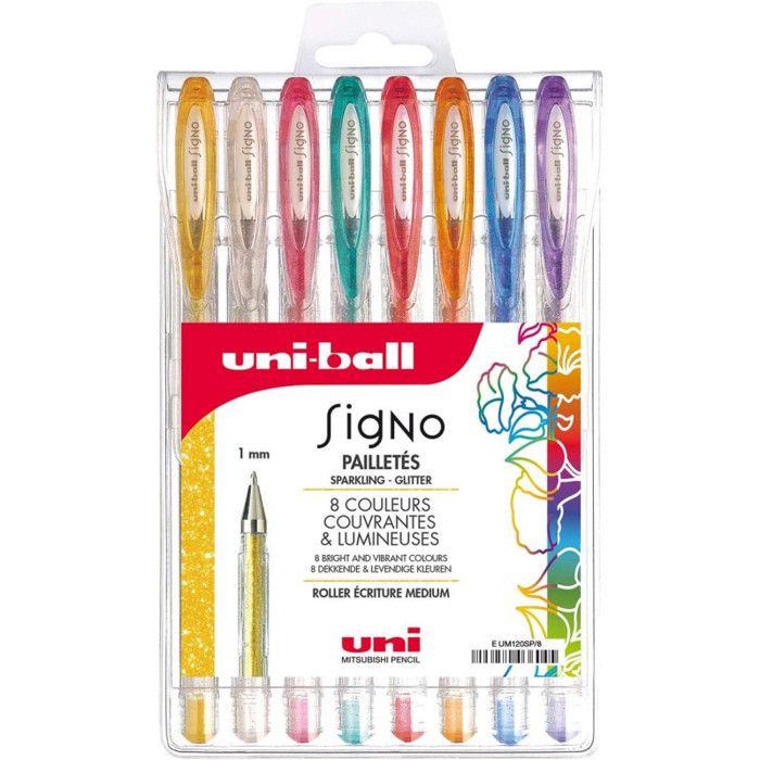 Pochette stylos roller gel Signo Pailletés - Ecriture large 1 mm - 8 coloris - 8 pcs