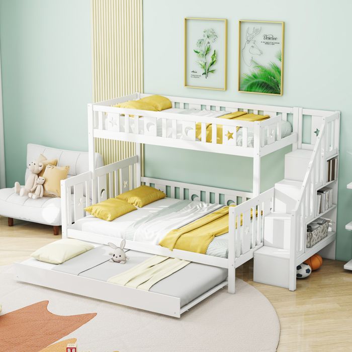 DRIPEX Lit Superposé 90×200 et 140×200cm avec lit à roulettes et sommier à lattesLit enfant avec escaliers de rangementBlanc