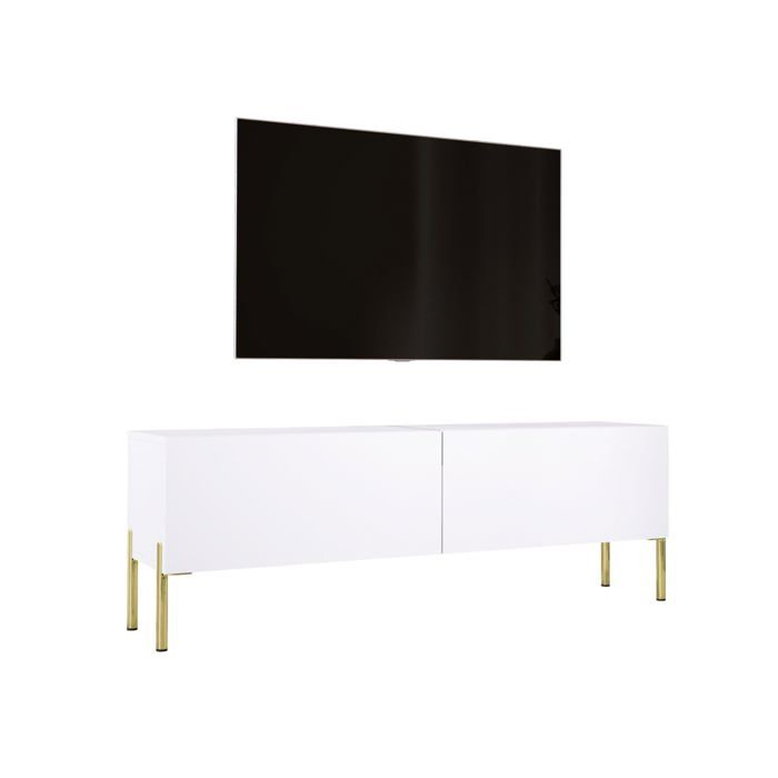 Meuble TV en couleur Blanc mat avec pieds droits en or D: L: 140 cm H : 52 cm P : 32 cm.