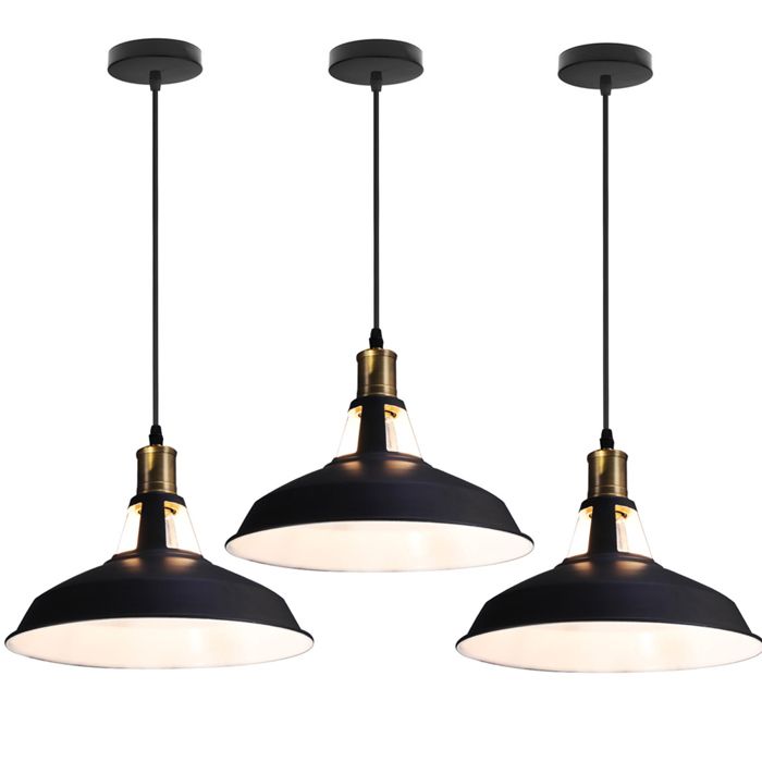 WOTTES Lot de 3 Suspension Luminaire Industrielle Ø27CM Rétro Lustre en Métal E27 Éclairage Vintage Lampe pour Cuisine (Noir) WOTTES Lot de 3 Suspension Luminaire Industrielle Ø27CM Rétro Lustre en Métal E27 Éclairage Vintage Lampe pour Cuisine (Noir)