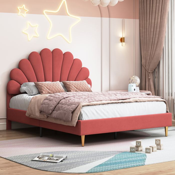 lit double 140 x 200 cm, avec tête de lit rembourrée et cadre à lattes en bois, tissu velours, en forme de pétale, rouge vin