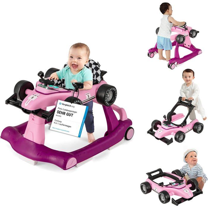 4 en 1 Trotteur Bébé Pliable COSTWAY-Hauteur et Vitesse Réglables-Boîte à Musique avec Lumière-6-18 Mois-Roues Silencieuses-Violet