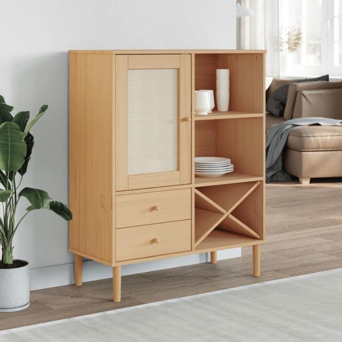 SALE 2025Meuble bas bahut vaisselier - Buffet SENJA aspect rotin marron 90x40x112cm - Bois massif de pin289 Kg 4861