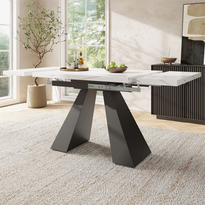 Table Extensible Salle a Manger Table Extensible Grand Plateau Travail Table de Cuisine 4 Personnes MDF Blanc Marbre