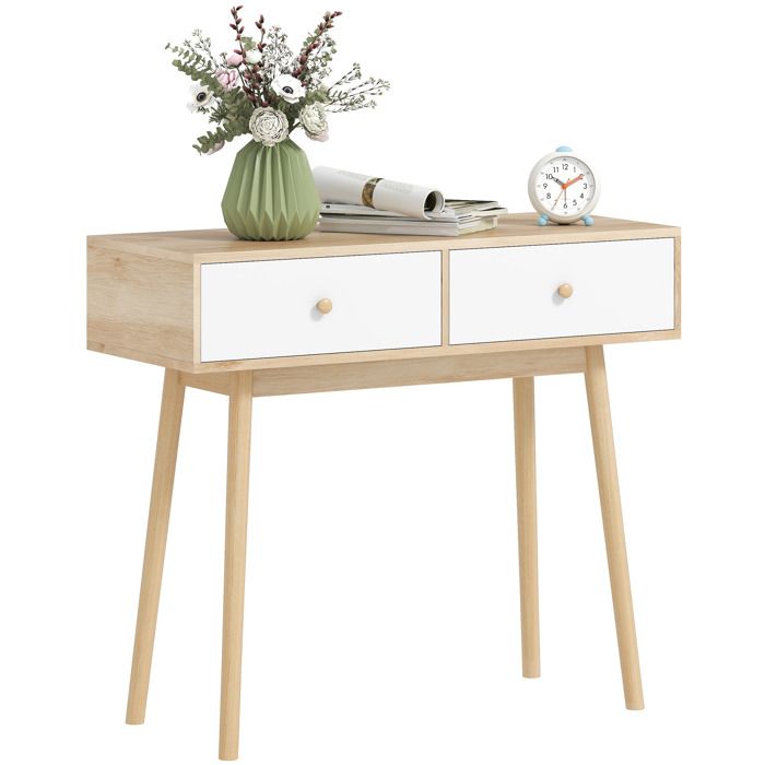 Table console - HOMCOM - 2 tiroirs et pieds en bois - pour salon entrée couloir - 86 x 35 x 75 cm - chêne et blanc