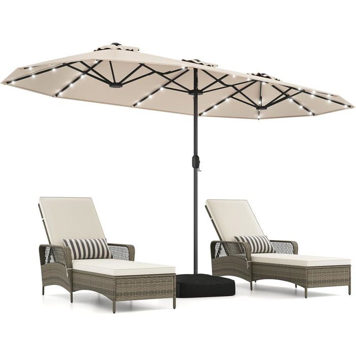 Parasol Double de Jardin XXL 400 x 200 x 240 cm- COSTWAY- 36 Lumières LED - Base Inclus - 12 Baleines -Rectangulaire Beige