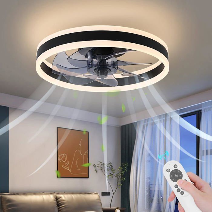 Ventilateur de plafond LED noir 50cm avec APP & télécommande – silencieux 6 vitesses 3 températures de couleur minuterie - Prumya