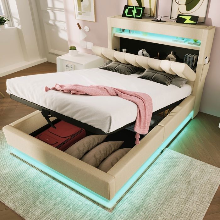 Lit capitonné enfant 90x200cm Lit coffre Lit rembourré en lin avec éclairage LED ports USB rangement et lattes - beige