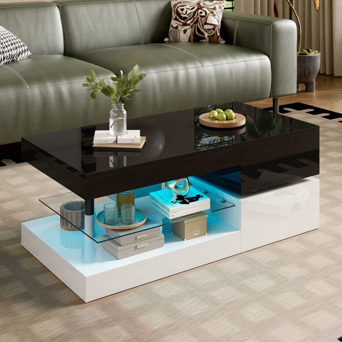 Table Basse Moderne avec éclairage LED - Contrôle APP et Bluetooth étagère en Verre et Surface Brillante 90x45x35.5 cm - Noir