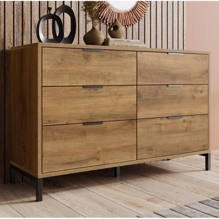 Buffet à 6 tiroirs 120 x 40 x 76 cm en chêne foncé buffet haut pour chambre à coucher et toutes les pièces à vivre