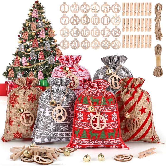 Calendrier De L'Avent Vide à Remplir - 24+2 Sachets En Tissu Avec Corde Et Pinces Pour DIY Noël