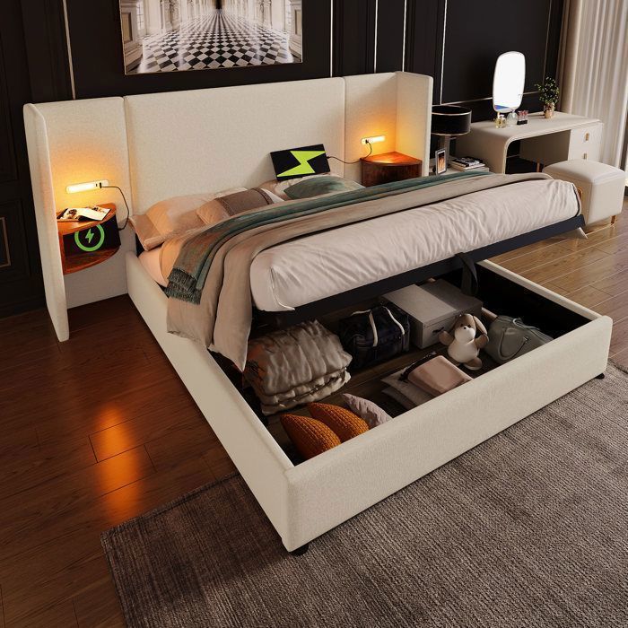 Lit rembourré - AUTREMENT - 160x200 cm - Beige - Rangement - Ports USB et lampes de lecture