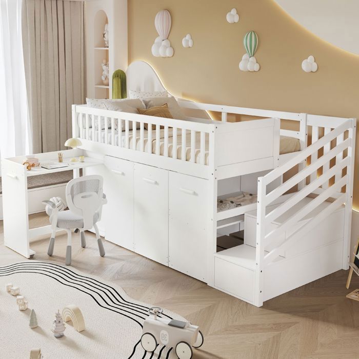 Lit superposé enfant - SOGEU - 90 x 200 cm - Bureau coulissant - 2 armoires + rangements escalier - Pin/MDF EN747