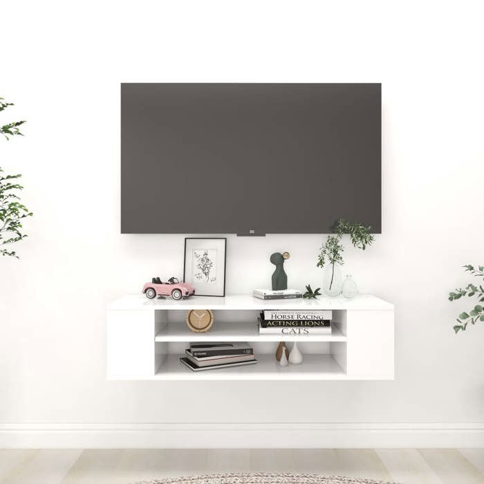 Meuble TV suspendu - VIDAXL - 100x30x26 5 cm - Blanc - Bois dingénierie - 60 kg capacité - 2 compartiments ouverts