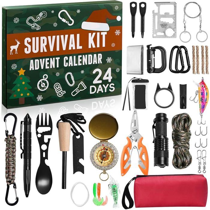 Calendrier De L'Avent 2025 Pour Hommes - Kit De Survie 24 Outils - Cadeau Noël Pour Adultes Et Ados Amateurs De Plein Air