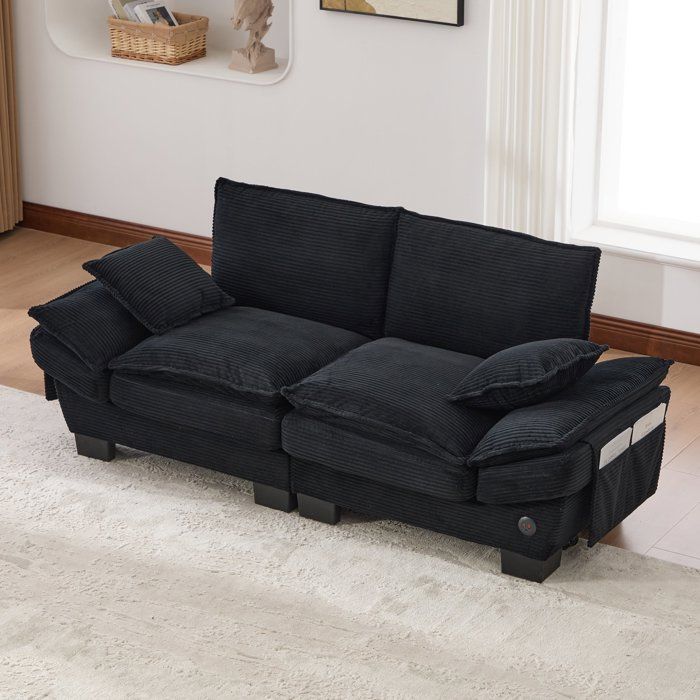 Canapé Droit 2 Places Velours Côtelé avec USB-C et Rangements Intégrés - Assise Ergonomique - Coussin de Siège Épais Noir