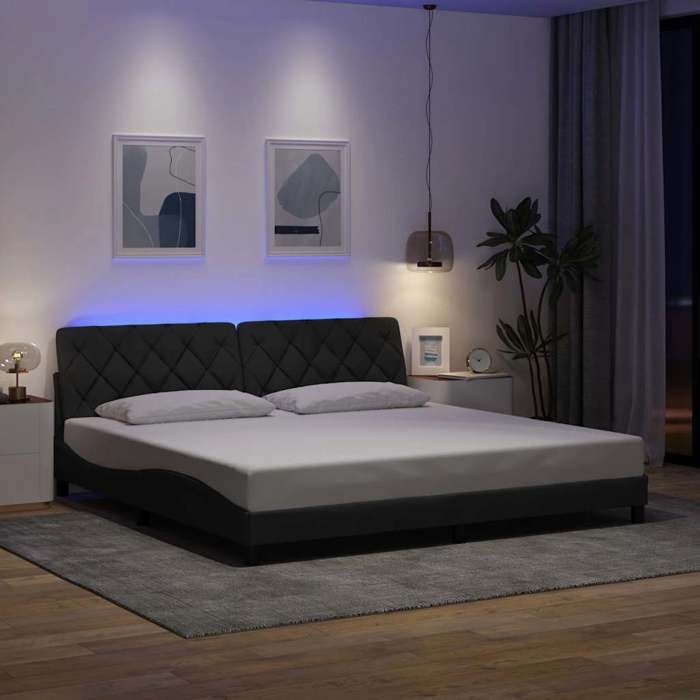 Structure de lit avec LED - UU - Gris foncé - 200x200 cm - Tissu polyester - Lattes incluses - Tête de lit