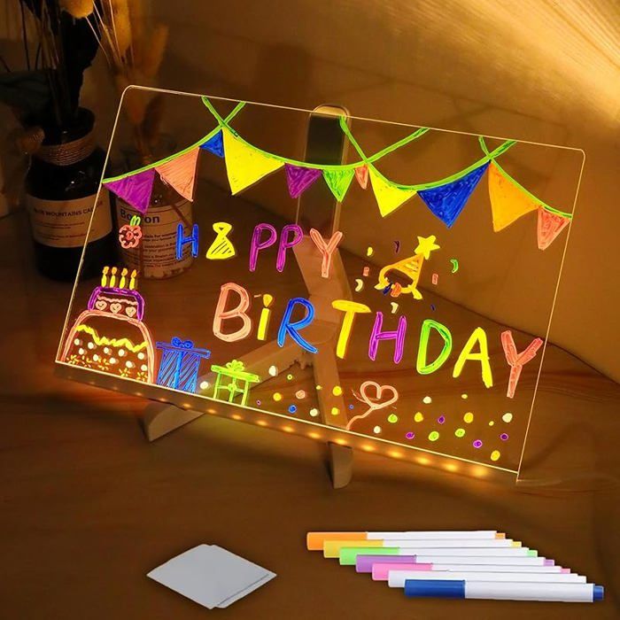 Tableau LED Enfant Tablette Lumineuse Dessin Pour Enfants – Tableau LED Effaçable 30x20 Cm – Avec 7 Stylos Et Support – Message, Décoration, Veilleuse