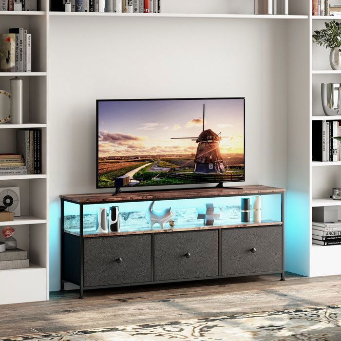 Meuble TV Multimédia avec LED - Buffet LED - Design Rétro Chic - Tiroirs en Tissu Noir - 108cmx30x57cm - Marron