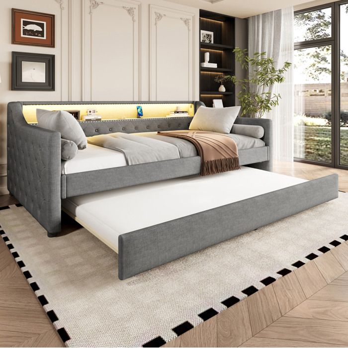 Lit banquette gigogne 90x190/200 cm . LED intégrées et port USB. sans matelas. lin gris