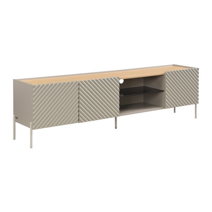 Meuble TV 3 portes et 2 niches avec LEDs en MDF et verre trempé fumé - Beige et naturel clair - TASIBA Meuble TV 3 portes et 2 niches avec LEDs en MDF et verre trempé fumé - Beige et naturel clair - TASIBA