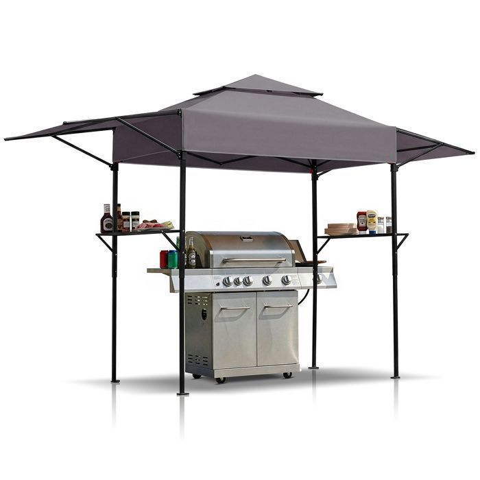 Tonnelle de Barbecue 380x100x240 cm Auvent Latéral-Toit 2 Niveaux-2 Etagères Latérales-Grillpavillon -Tonnelle de Jardin Pliante