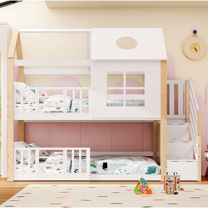 Lit superposé enfant style maisonnette avec escalier de rangement blanc et naturel