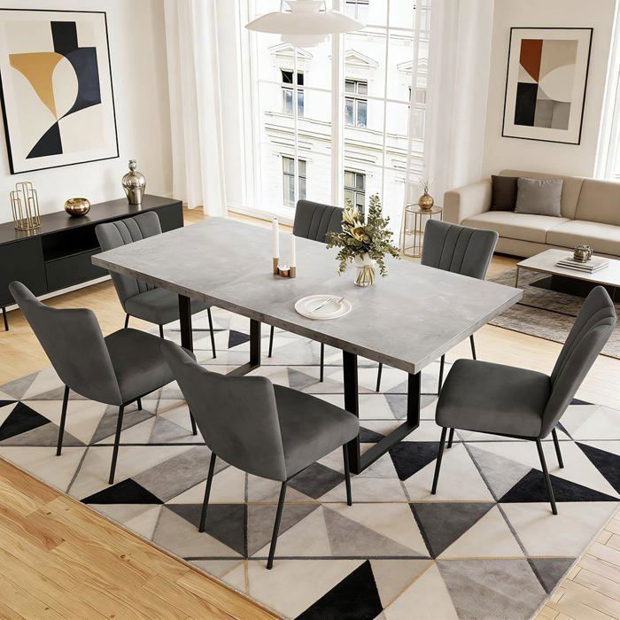 JIEXI Ensemble table de salle à manger extensible et 6 chaises de 130 à 170 cm pieds en métal coussins épais