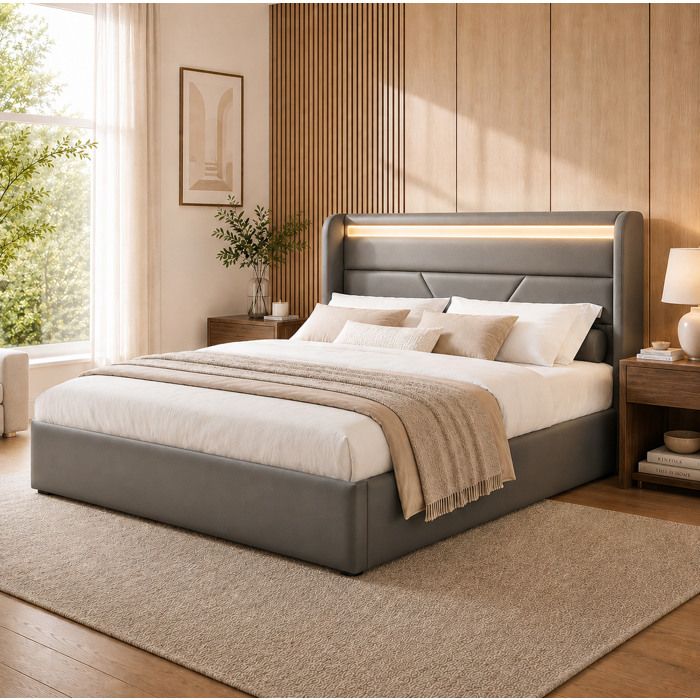 ULEVR Lit coffre 140x200 cm gris en PU avec sommier à lattes tête de lit LED et rangement hydraulique