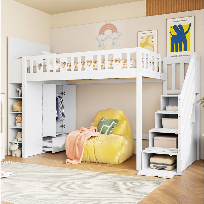 Lit mezzanine 90x200 cm avec échelle de rangement étagères placard rabattable pin blanc