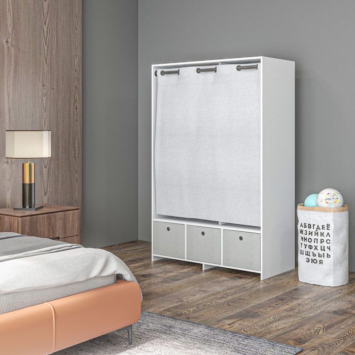 MOTHINESSTO1844-Armoire penderie armoire de rangement avec tringle rideaux 3 tiroirs en tissu amovibles 105 x 48 x 160 cm blanc