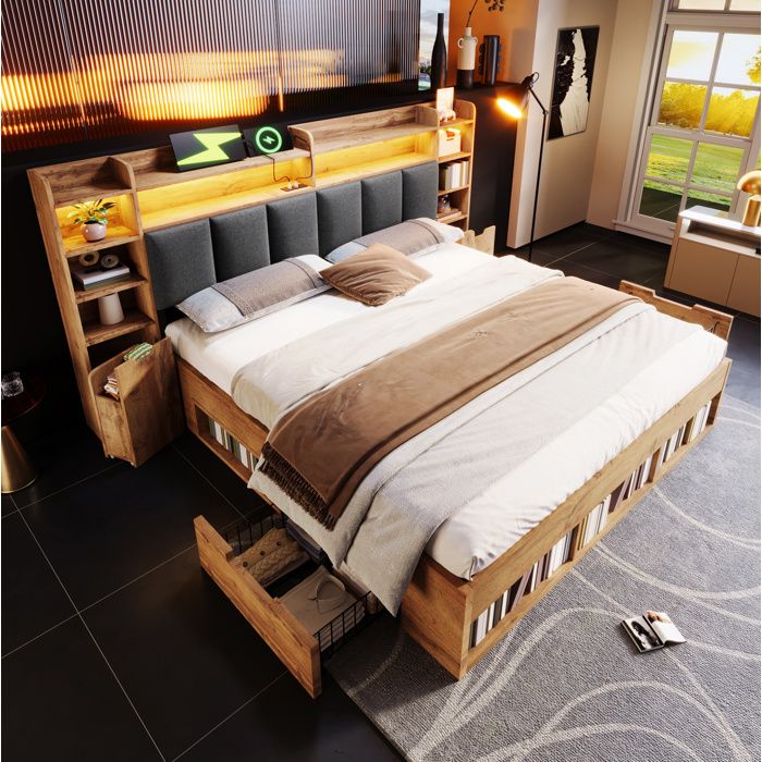 Modenuit Lit double adulte 160x200cm avec LED ports USB et rangements et tables de chevet bois couleur chêne (sans matelas)