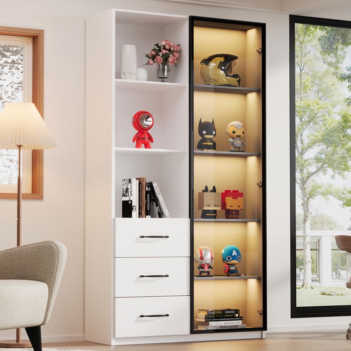 Vitrine LED - PAGE LIVING - 80×40×160 cm - Portes verre trempé - LED multicolore - 3 tiroirs/3 étagères